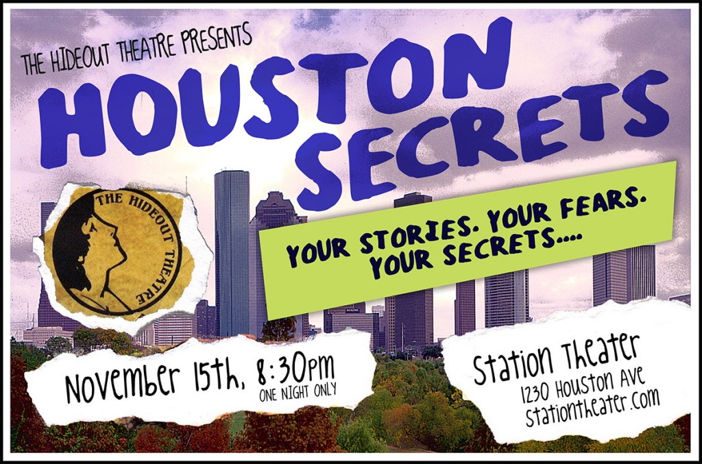 postcard advertisement for Houston Secrets show, Sept 15,2013 at Station Theater